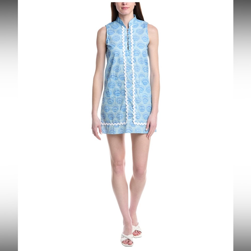 Sail to Sable Blue Shell-Print Ric Rac Mini Sleeveless Shift Dress SZ L